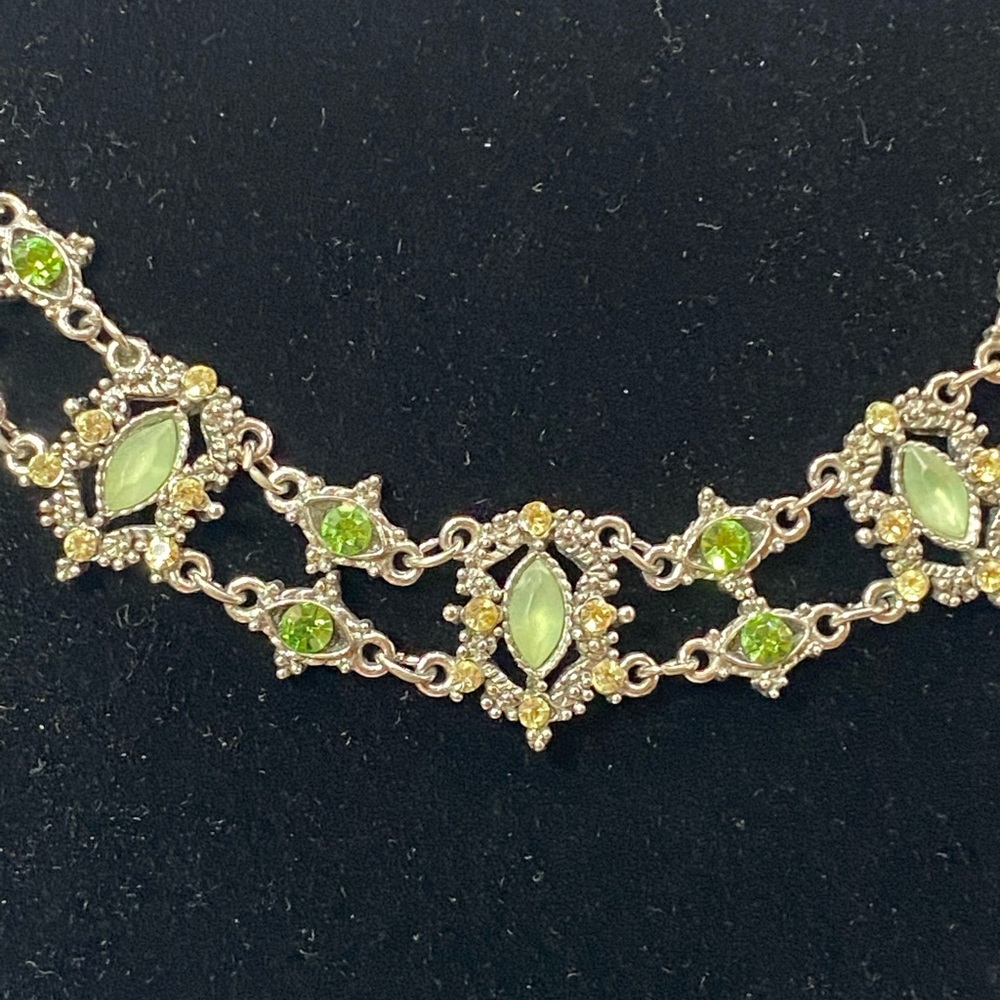 VCLM Fashion Costume Necklace - Green / Yellow Jewels with Silver Chain - Picture 3 of 5